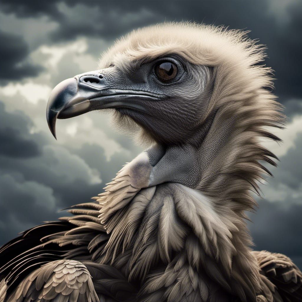 Hyperrealistic Vulture Portrait Under Dramatic Sky
