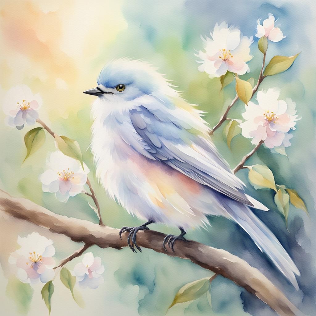 Watercolor Bird in Spring Landscape with Pastel Colors