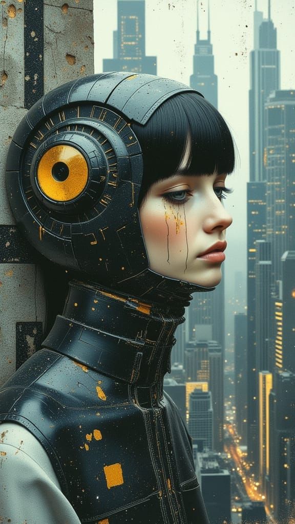 Cyborg Goddess in Dystopian Cityscape