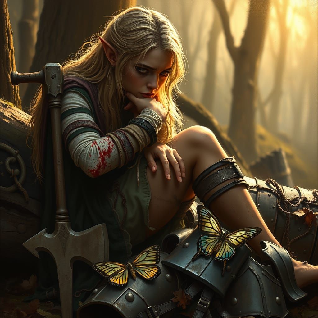 Weary Elf Warrior in Tenebrism Style