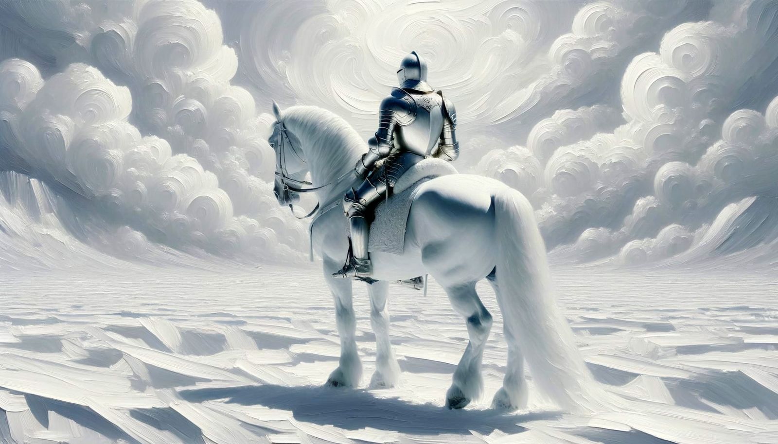Monochromatic Knight on White Horse in Impasto Style