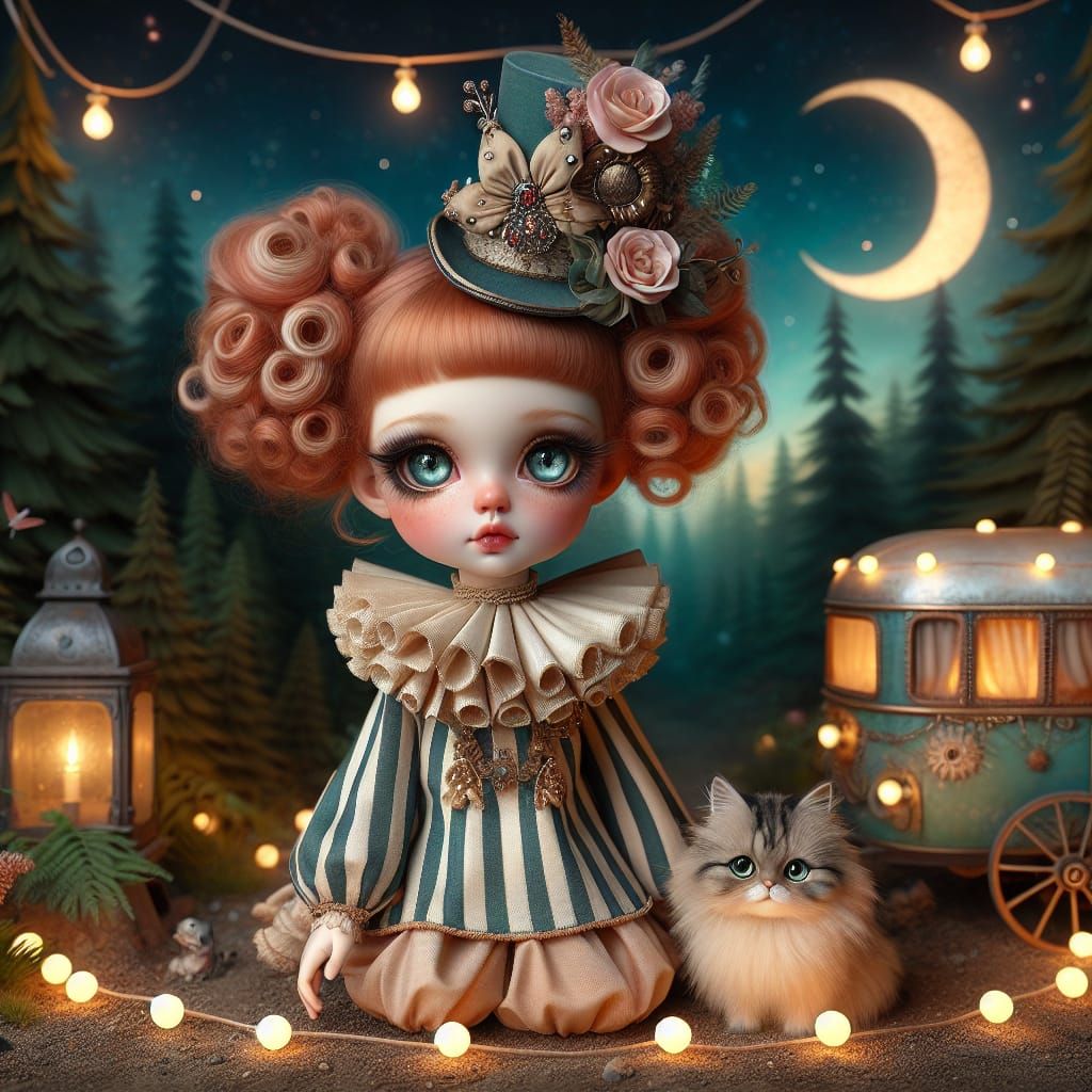 Whimsical Circus Fantasy Girl in Vintage Attire with a Curio...