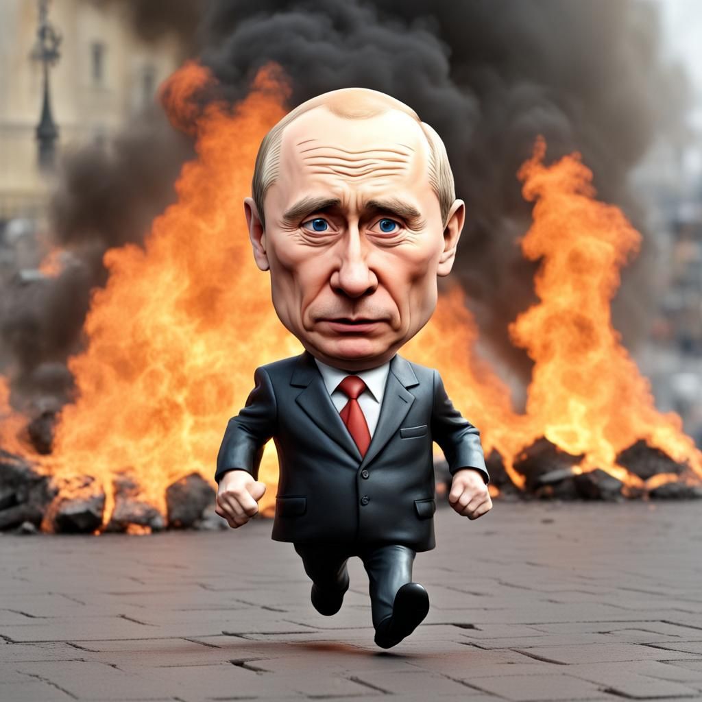 Putin Caricature Fleeing Burning Kremlin in Horror