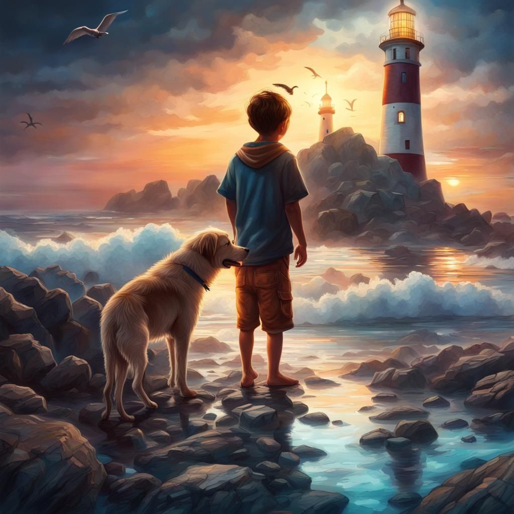 Boy and Dog at Lighthouse: Cosmic Illustration