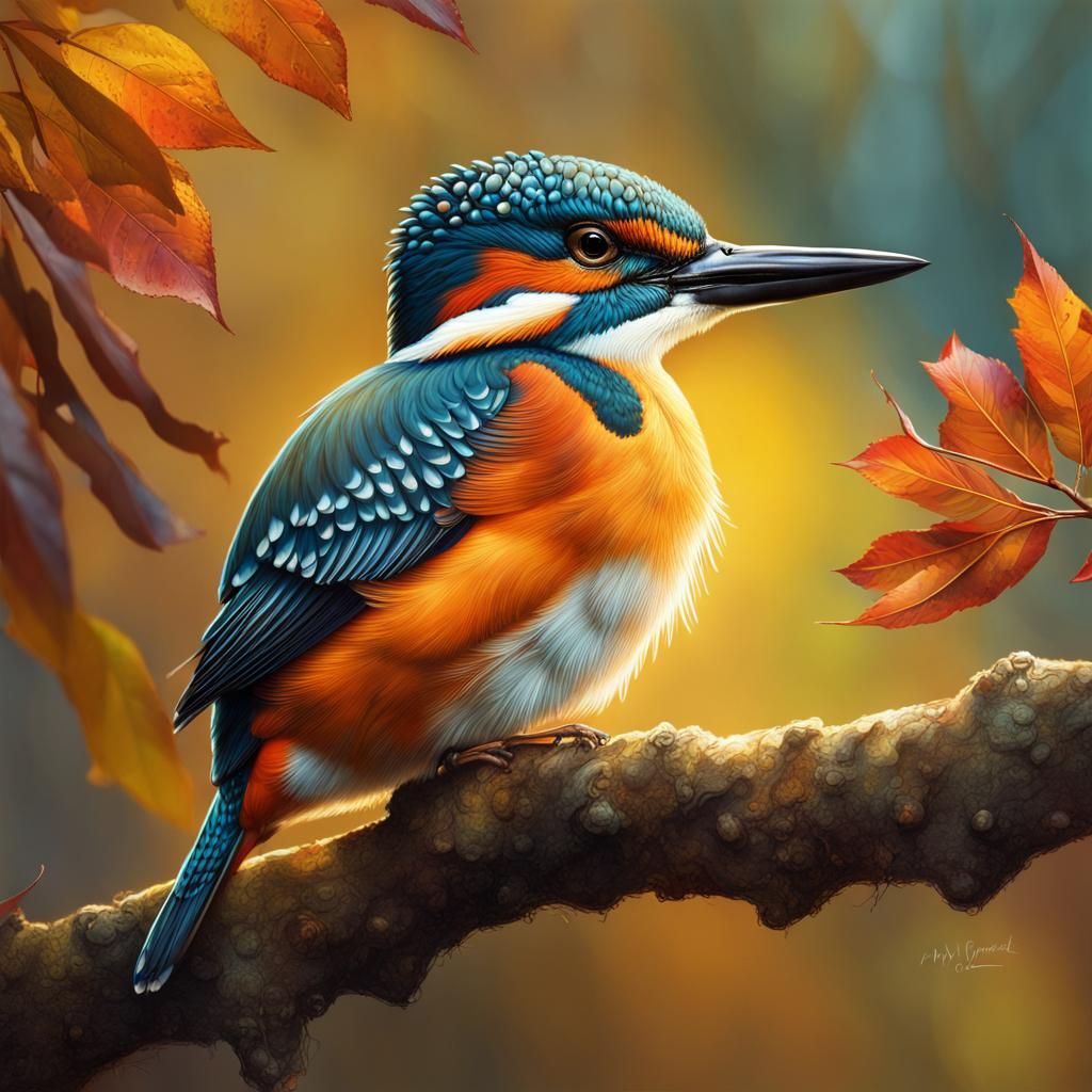 Kingfisher Perched on Branch in Autumn Sunlight