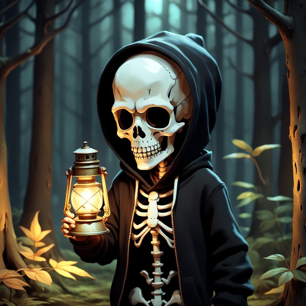 Cute Skeleton Walks in Dark Forest: 3D Anime Art