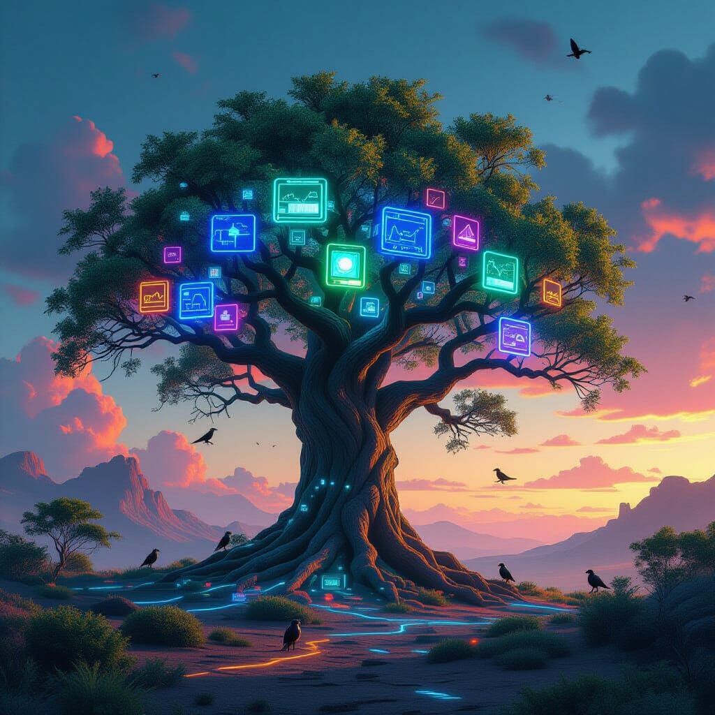 Ancient Tree with Digital Leaves and Bird Robots