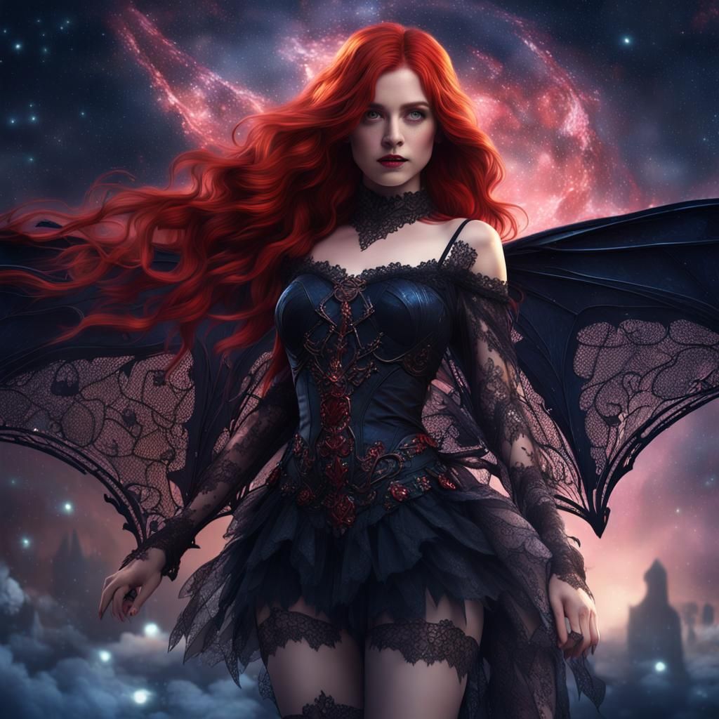 a gorgeous woman, red hair, décolletage, bat wings, night sk...