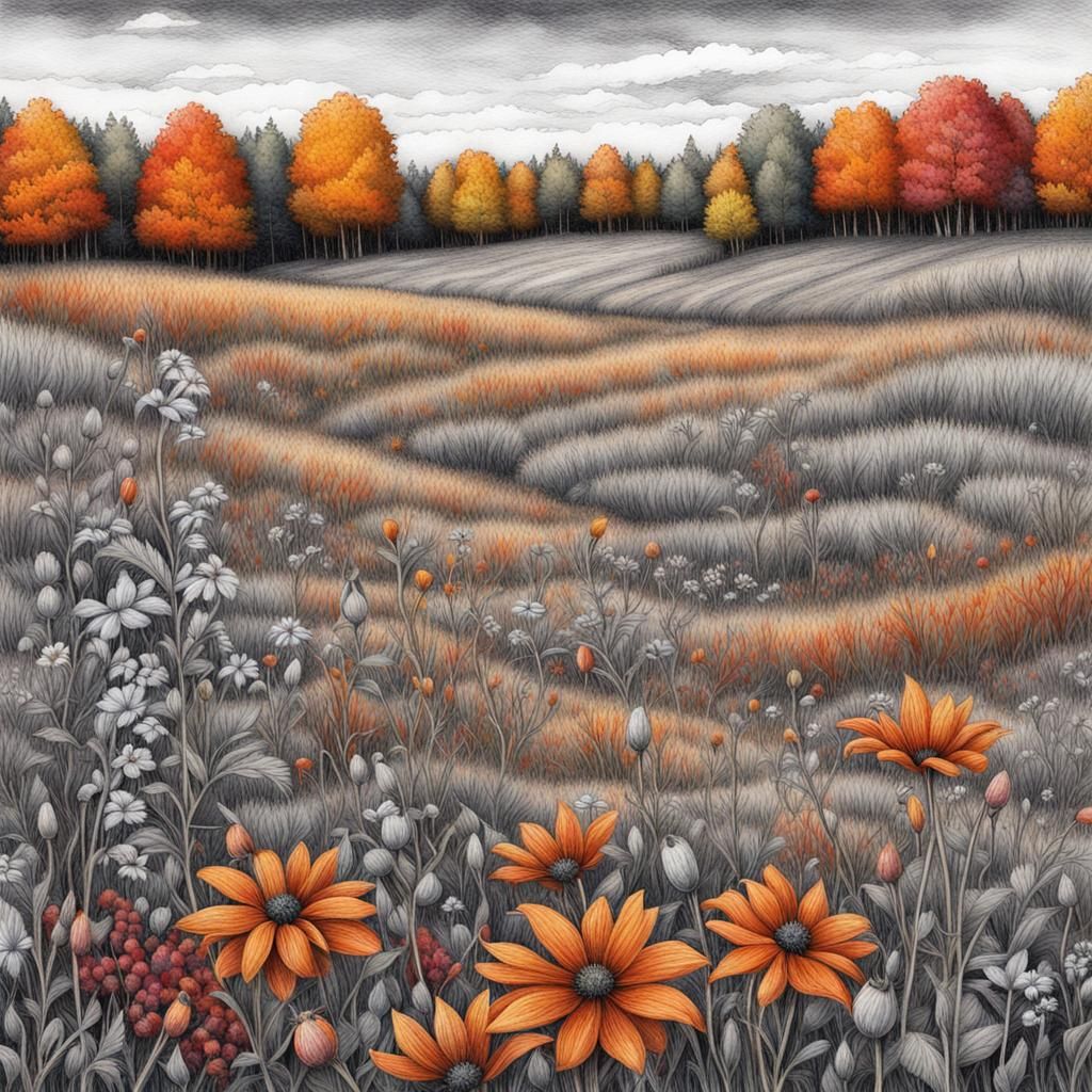 Fall Meadow with Wildflowers in Colorful Pencil Art