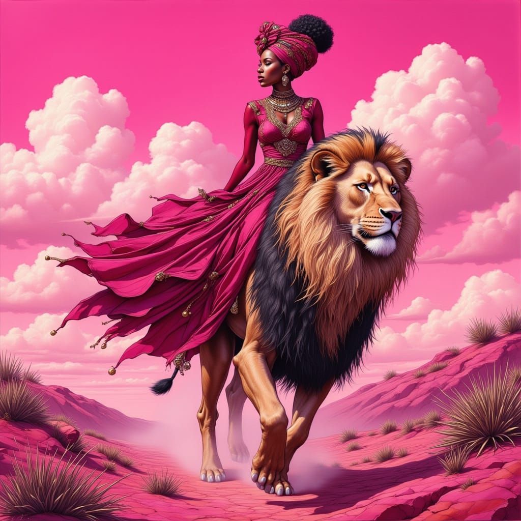 Elegant Woman Rides Lion Through Desert Landscape