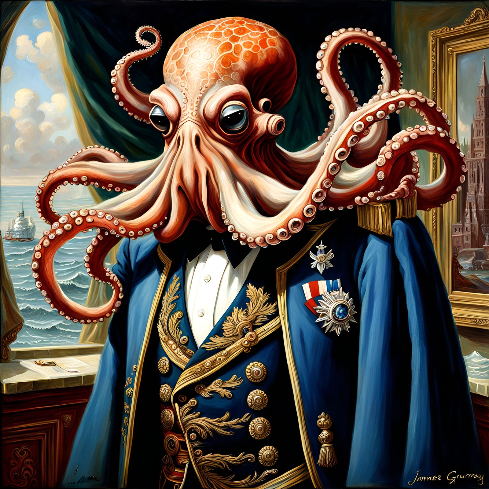 Humanoid Octopus in Royal German Style: Oil Painting