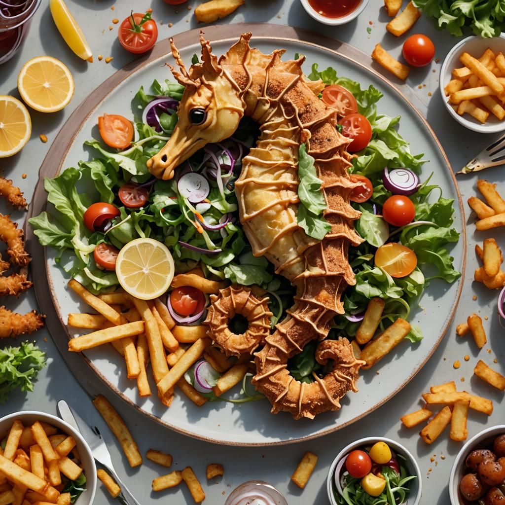 Hyper-Realistic Fried Seahorse with Fries and Salad