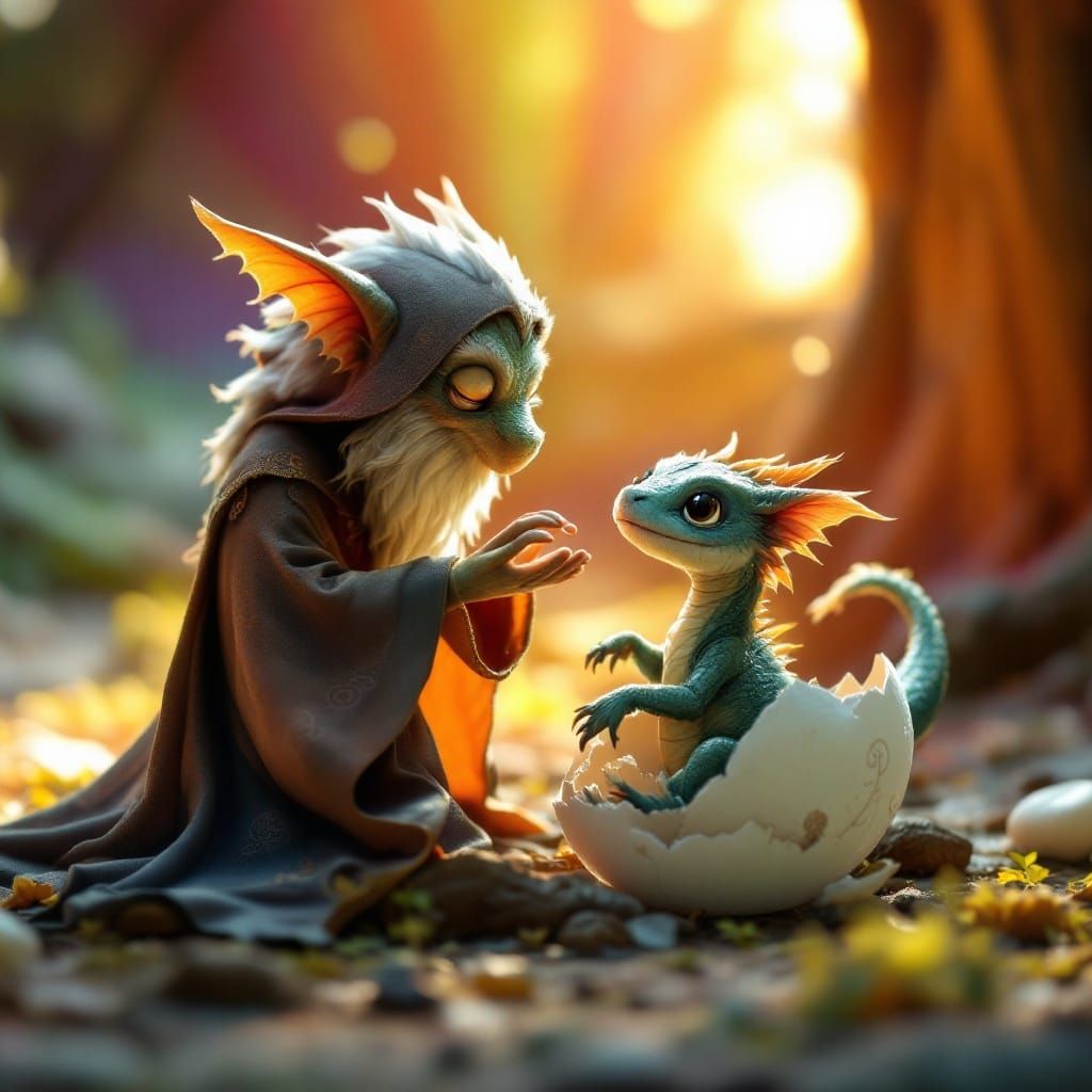 Enchanted Wizard Holds Newly Hatched Baby Dragon in Sunlit W...