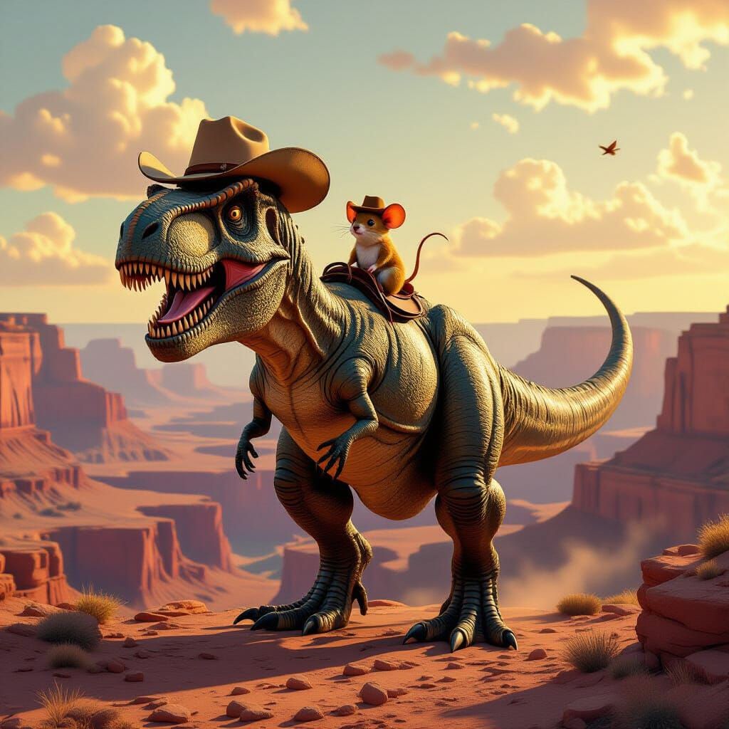 T-Rex and Mouse in Grand Canyon Painting