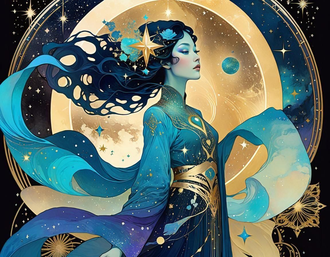 Iridescent Sorceress of Starlight Nebula in Art Nouveau