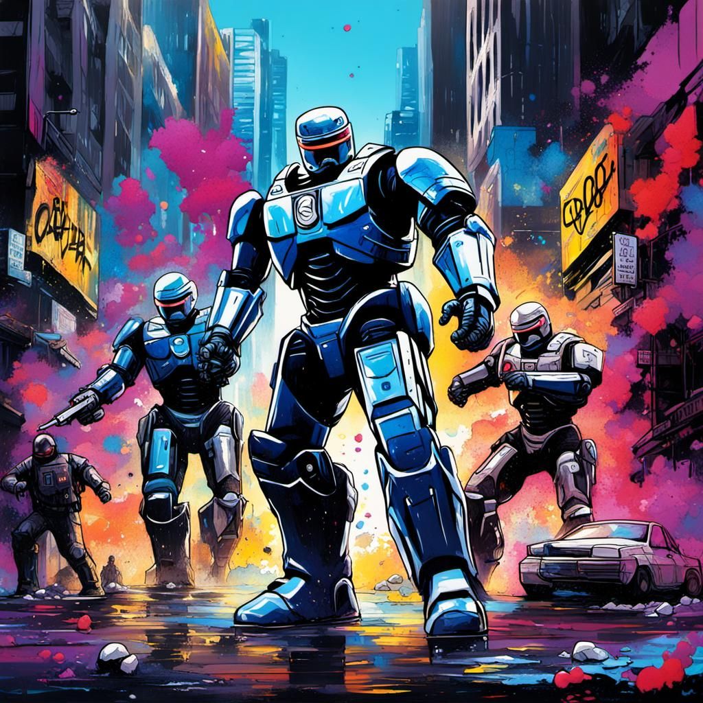 Robocop Fighting Crime in Graffiti Splash Art