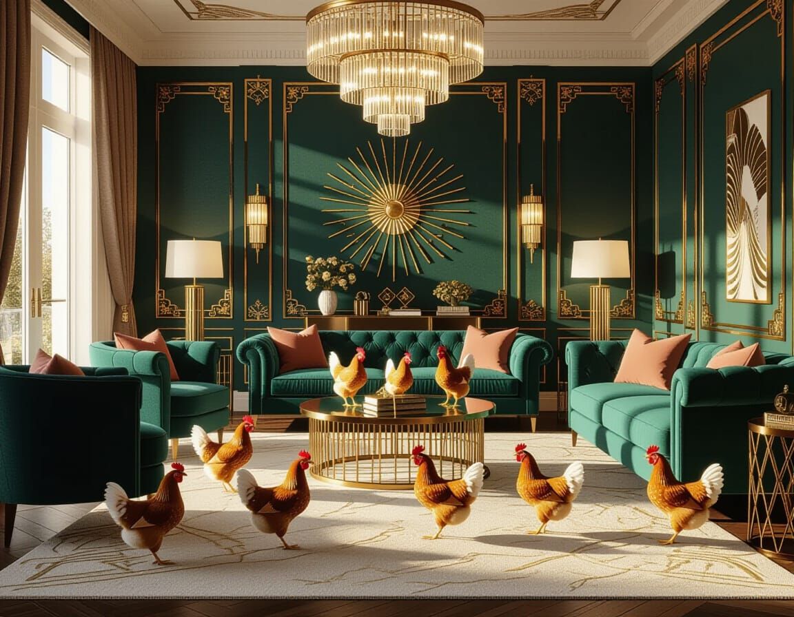 Chickens in Luxurious Art Deco Living Room