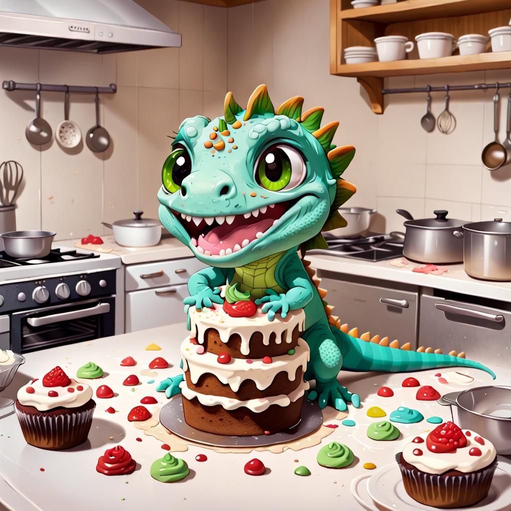 Cheerful Chibi Lizard Baking a Messy Cake
