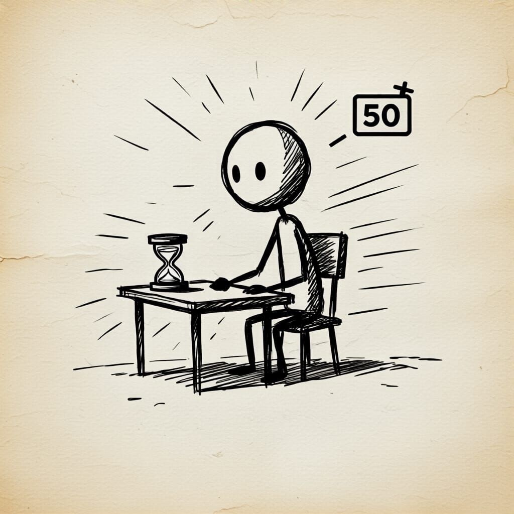 Pencil Sketch of Stick Figure at Desk with Timer