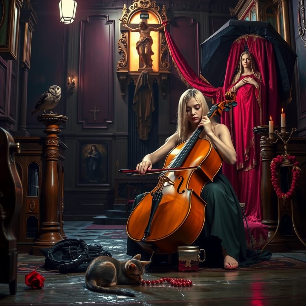 Gothic Cellist in Romanian Church at Night