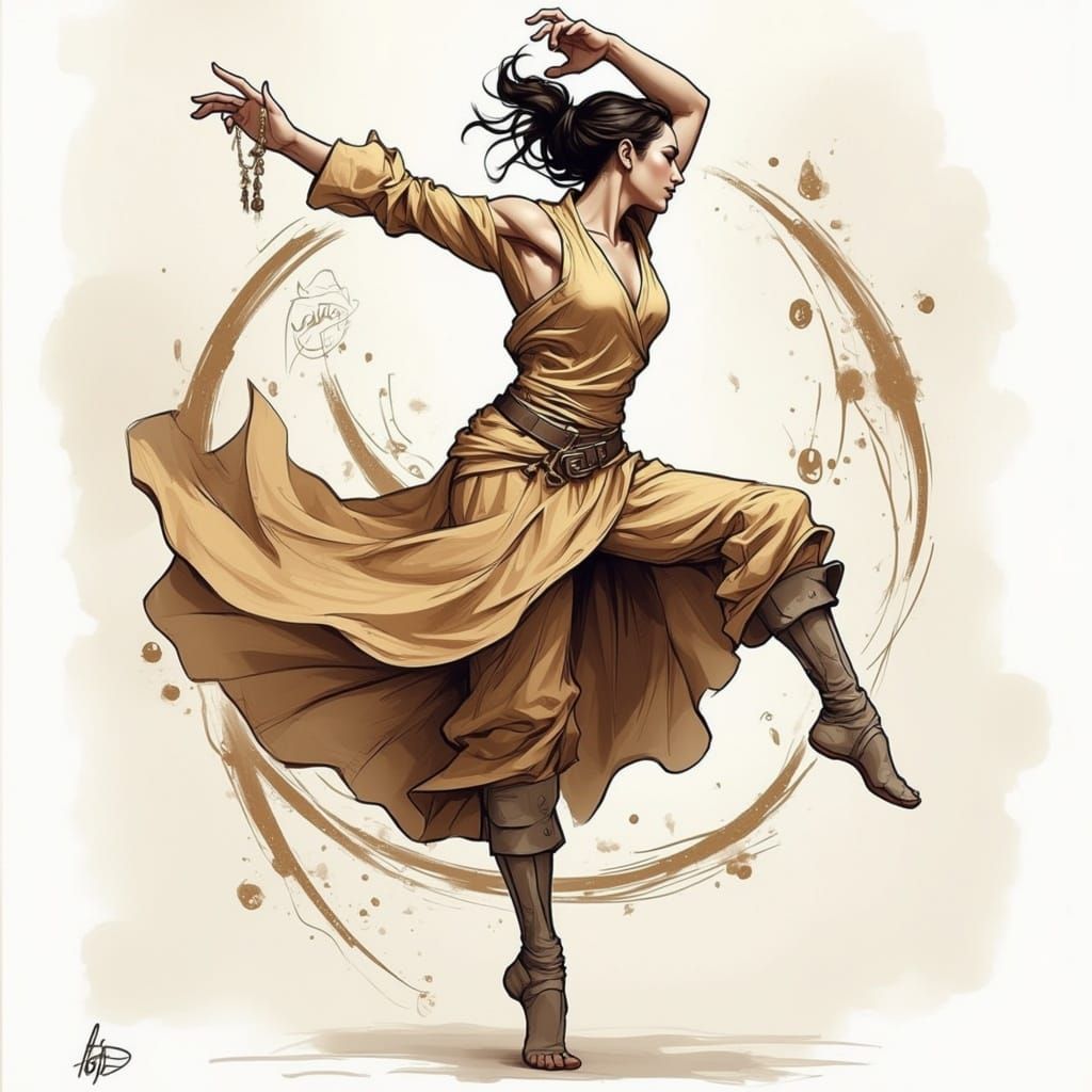 Ballerina in Flowing Robe Captures Dynamic Movement