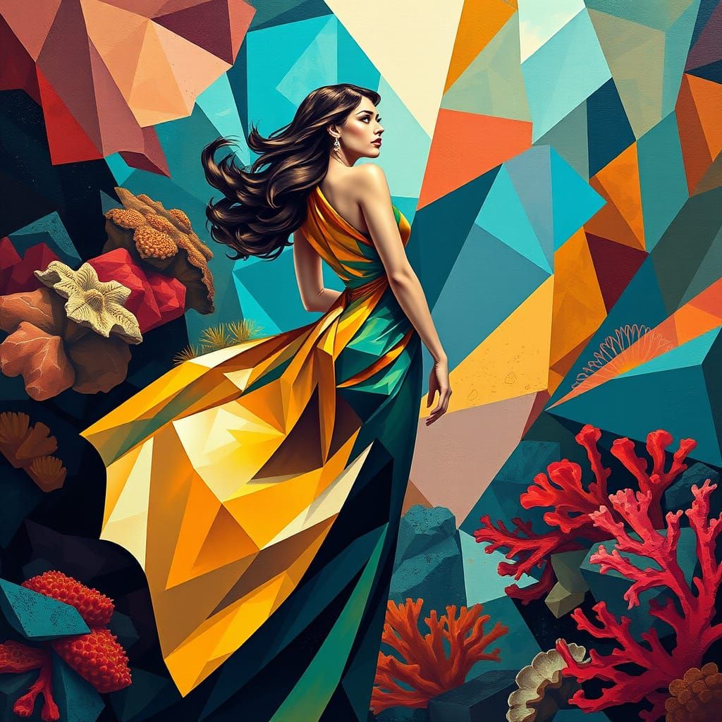 Woman in Tropical Coral Reef with Neo-Cubist Geometric Shape...