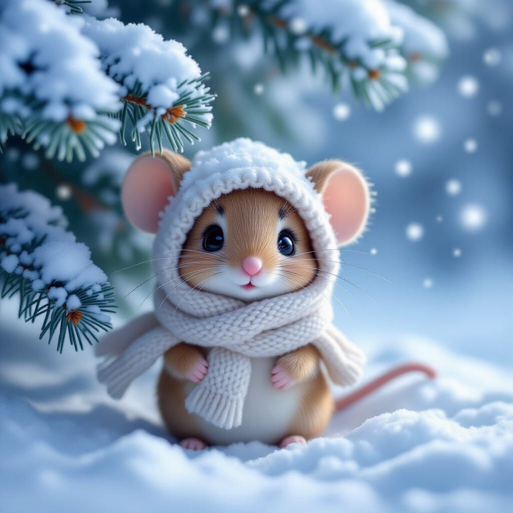 Cute Anime Mouse in Winter Scarf, 3D Render