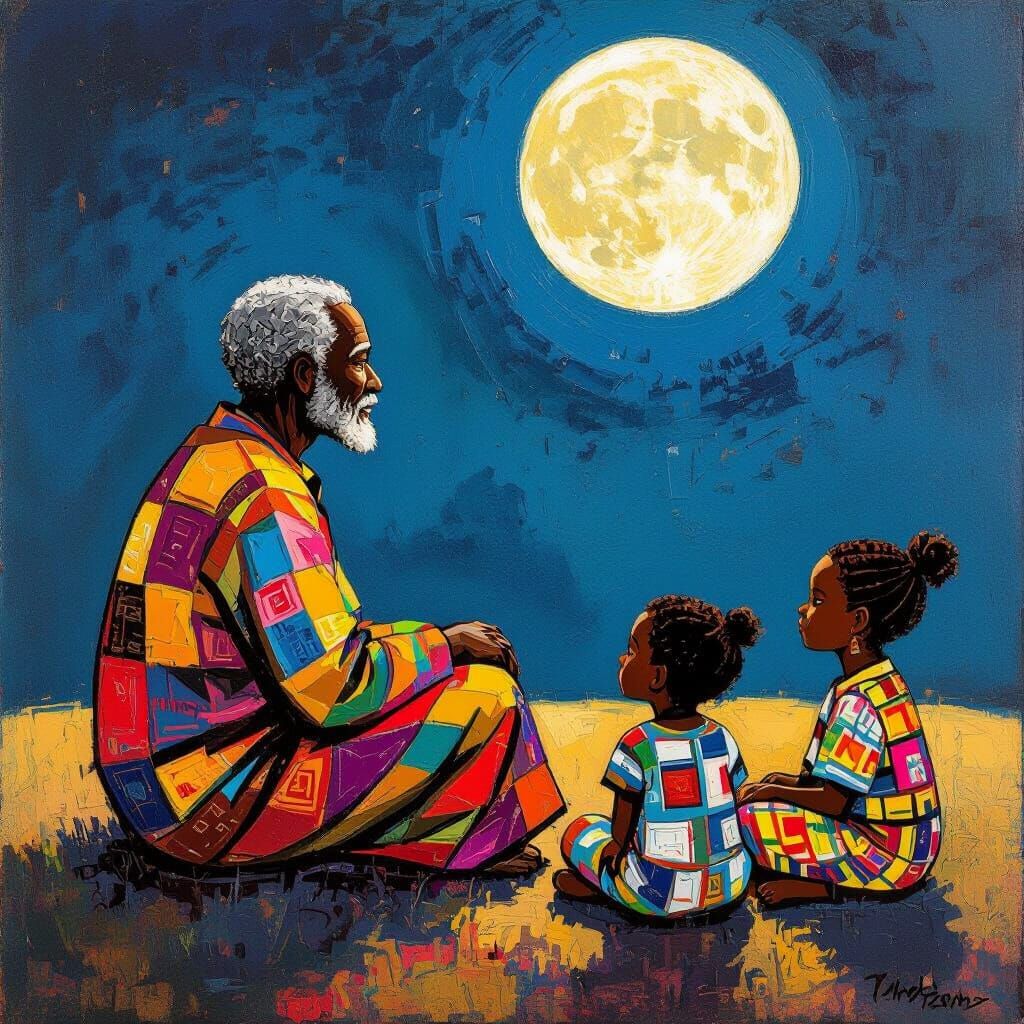 Benevolent Elder with Children on the Moon as Abstract Art
