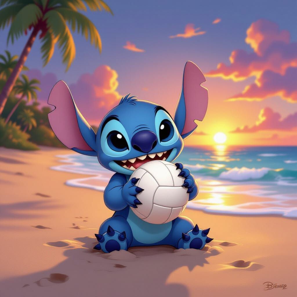 Stitch Playfully Gnaws Volleyball on Tropical Beach