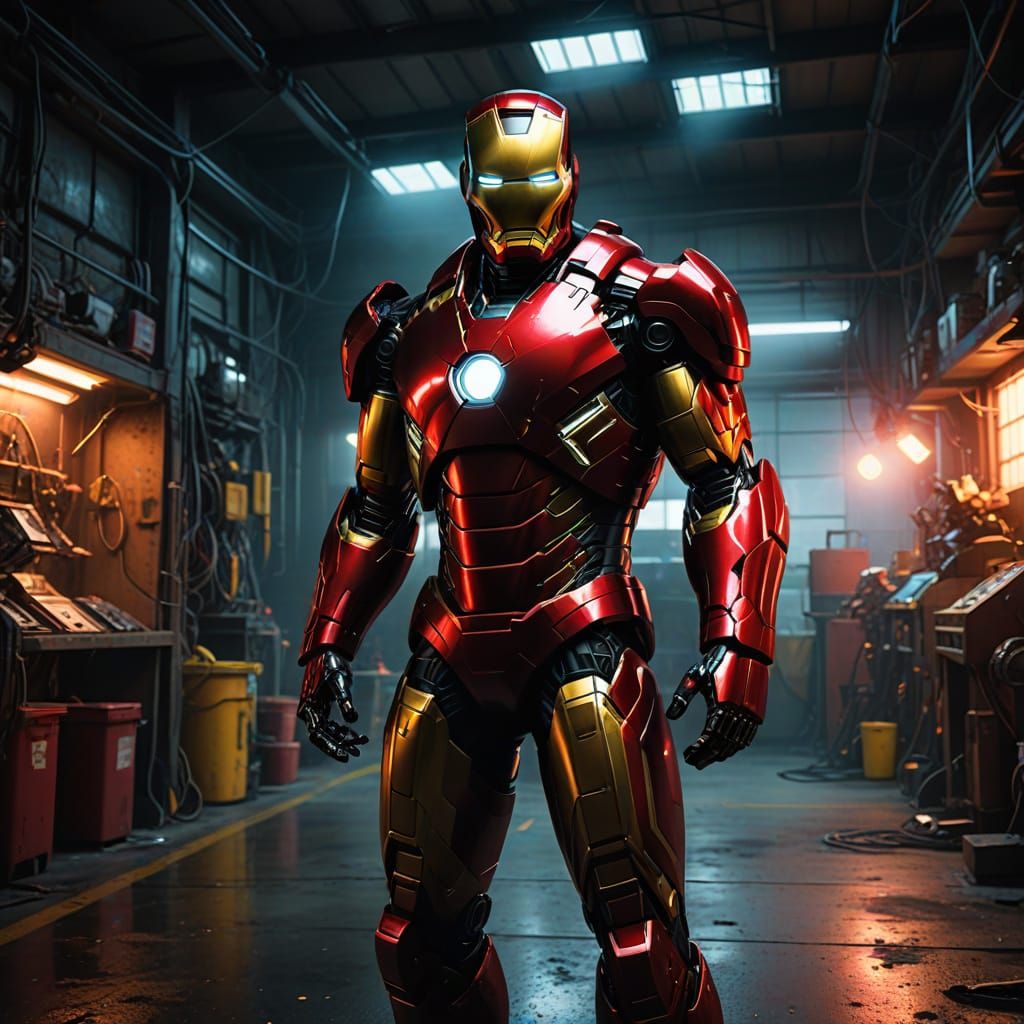 Tony Stark in a Worn Iron Man Suit in a Dimly Lit Garage