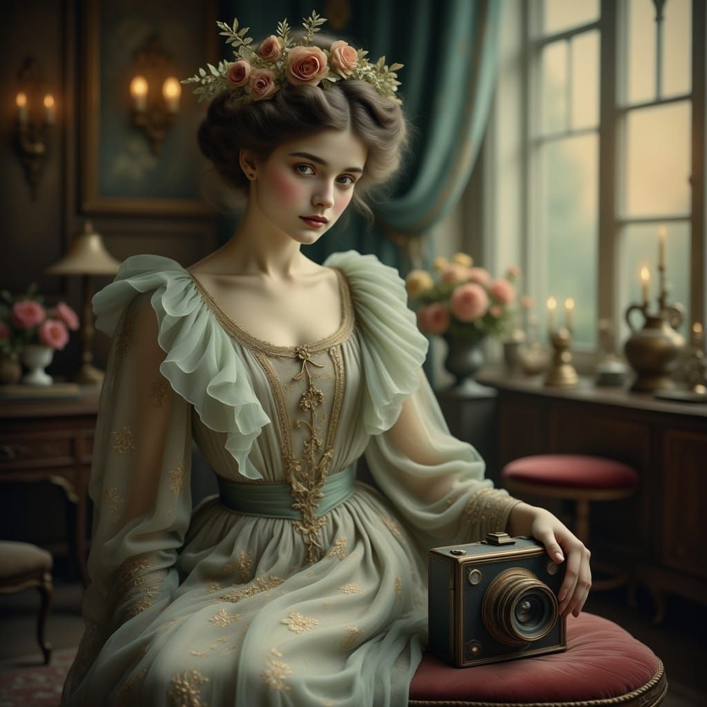Vintage Camera with Ghostly Princess in Photorealistic Style