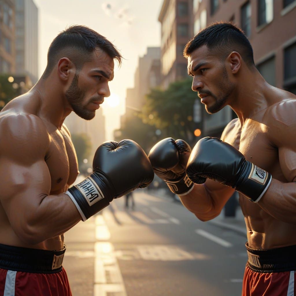 Two Boxers Greet Fans on City Avenue in Golden Hour Light