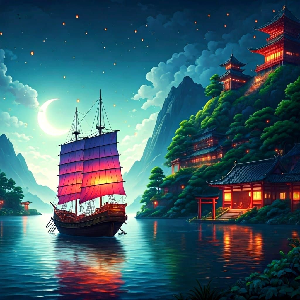 Japanese Ship at Night: Lush Watercolor Painting