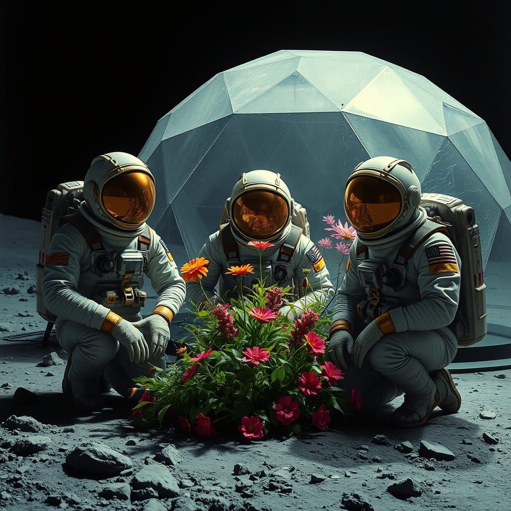 Men in Spacesuits Tend to Lunar Flowers, Haunting Atmosphere