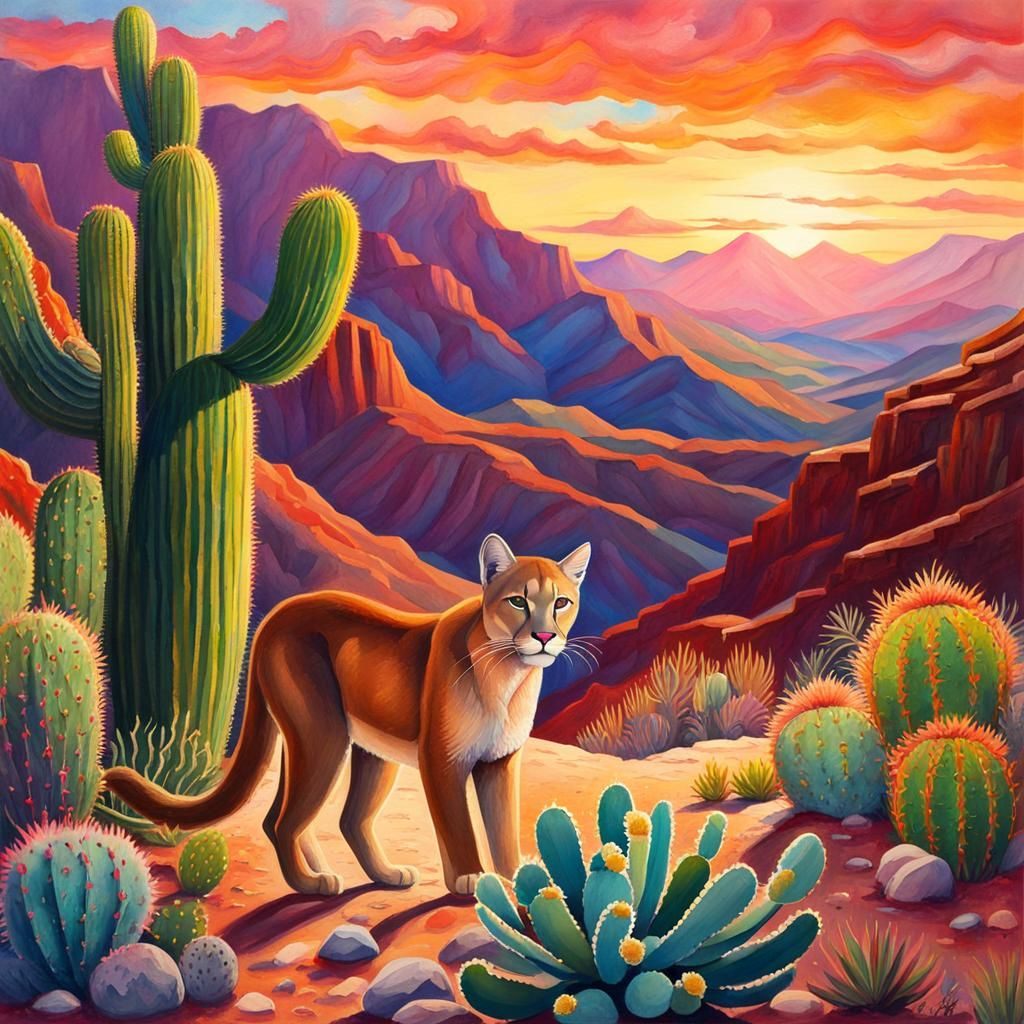 Desert Sunset with Mountain Lion in Gouache Style