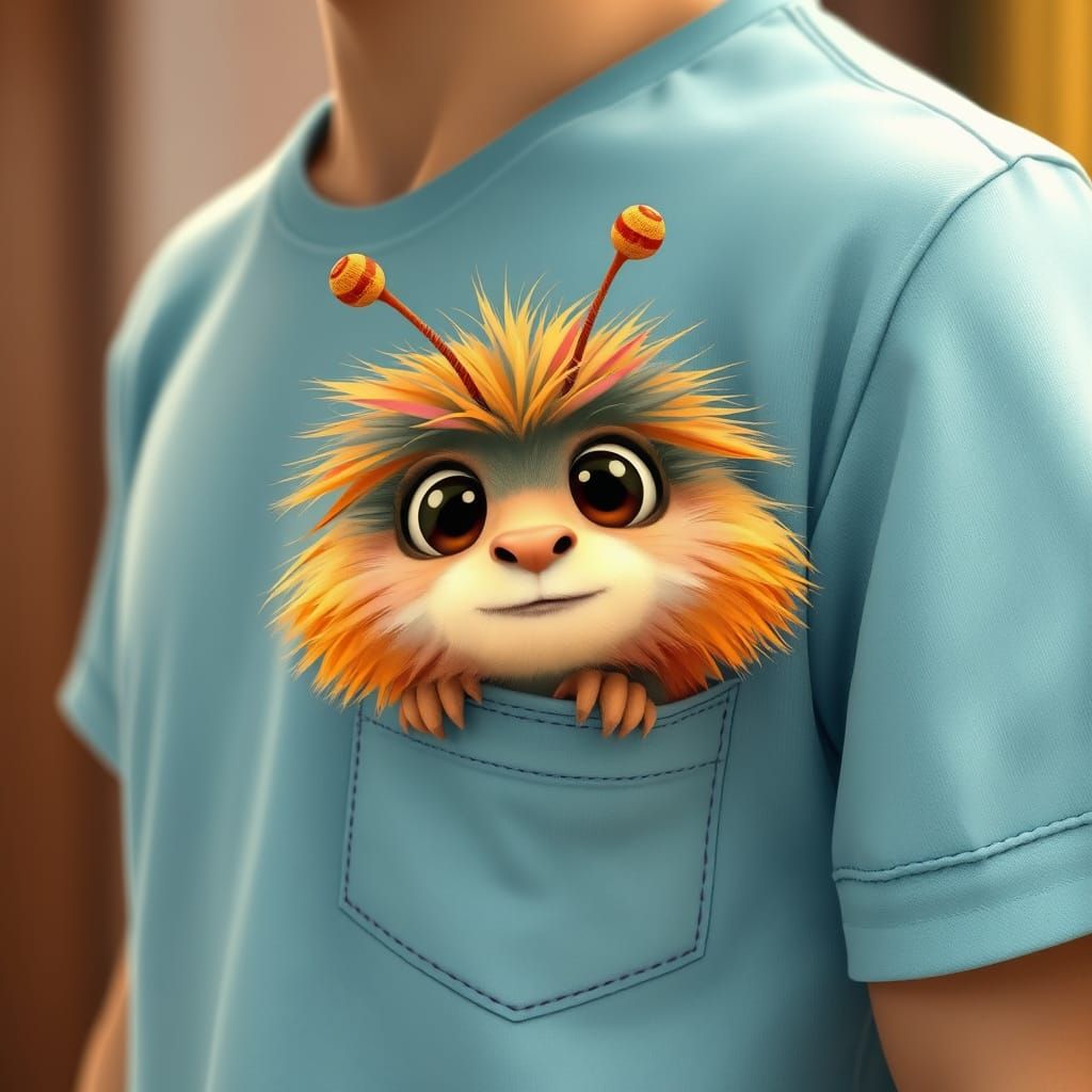 Whimsical Creature Peeks from T-Shirt Pocket