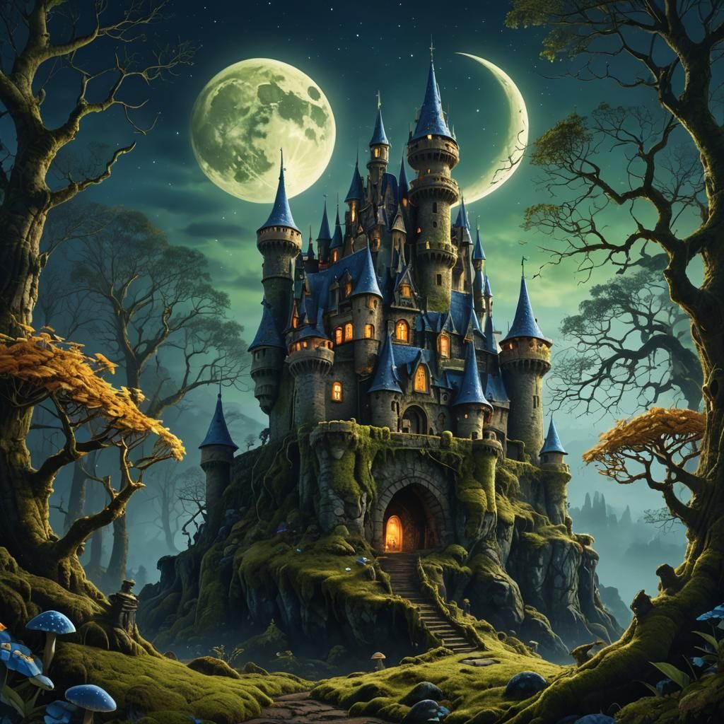 Mushroom Castle in Forest Under Crescent Moon