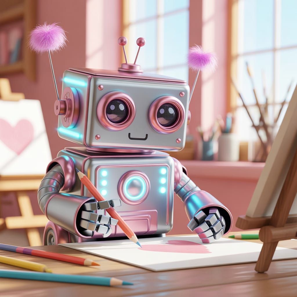 Cute Metallic Pink Robot Drawing in Art Studio