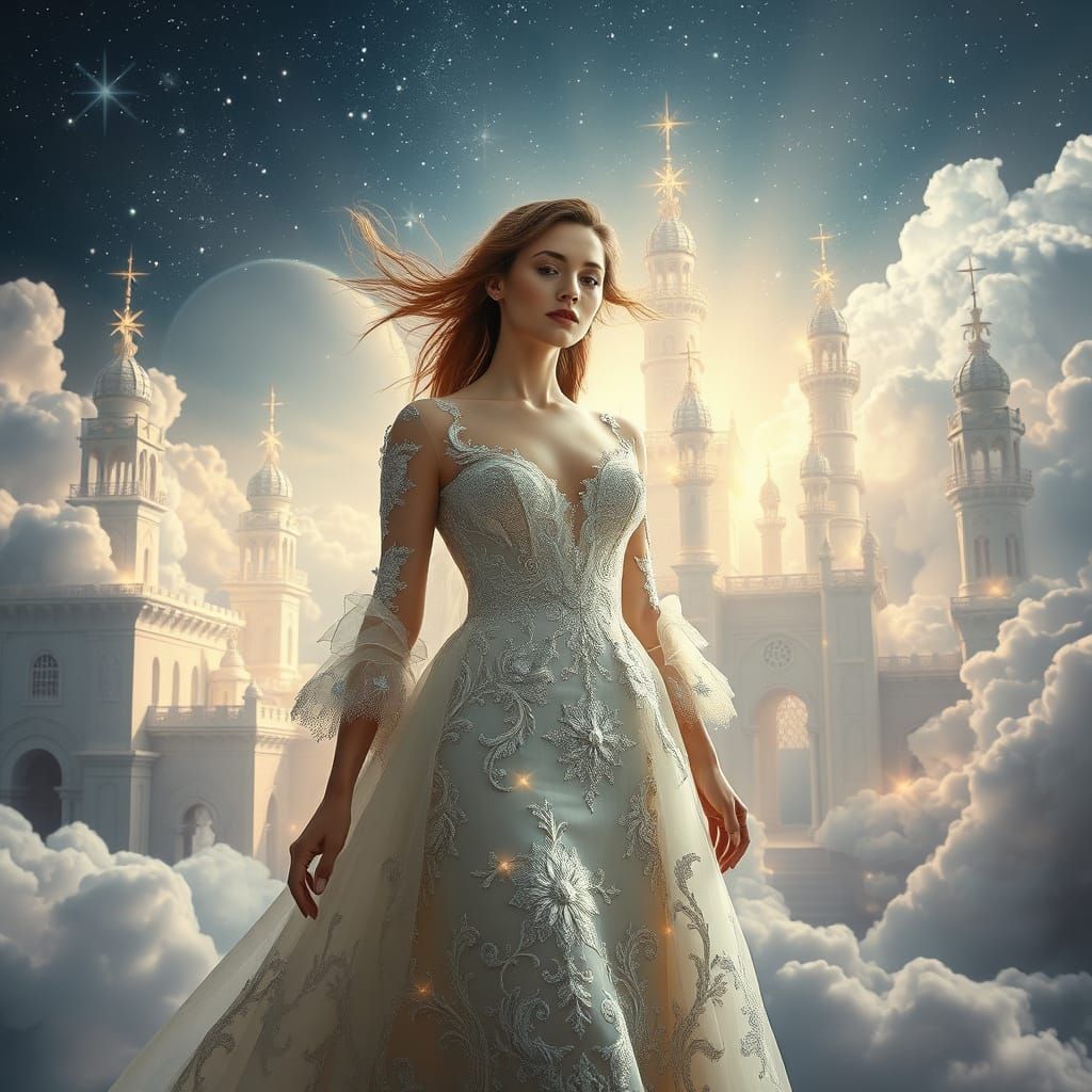 Ethereal Fashion Model in Cloud Palace