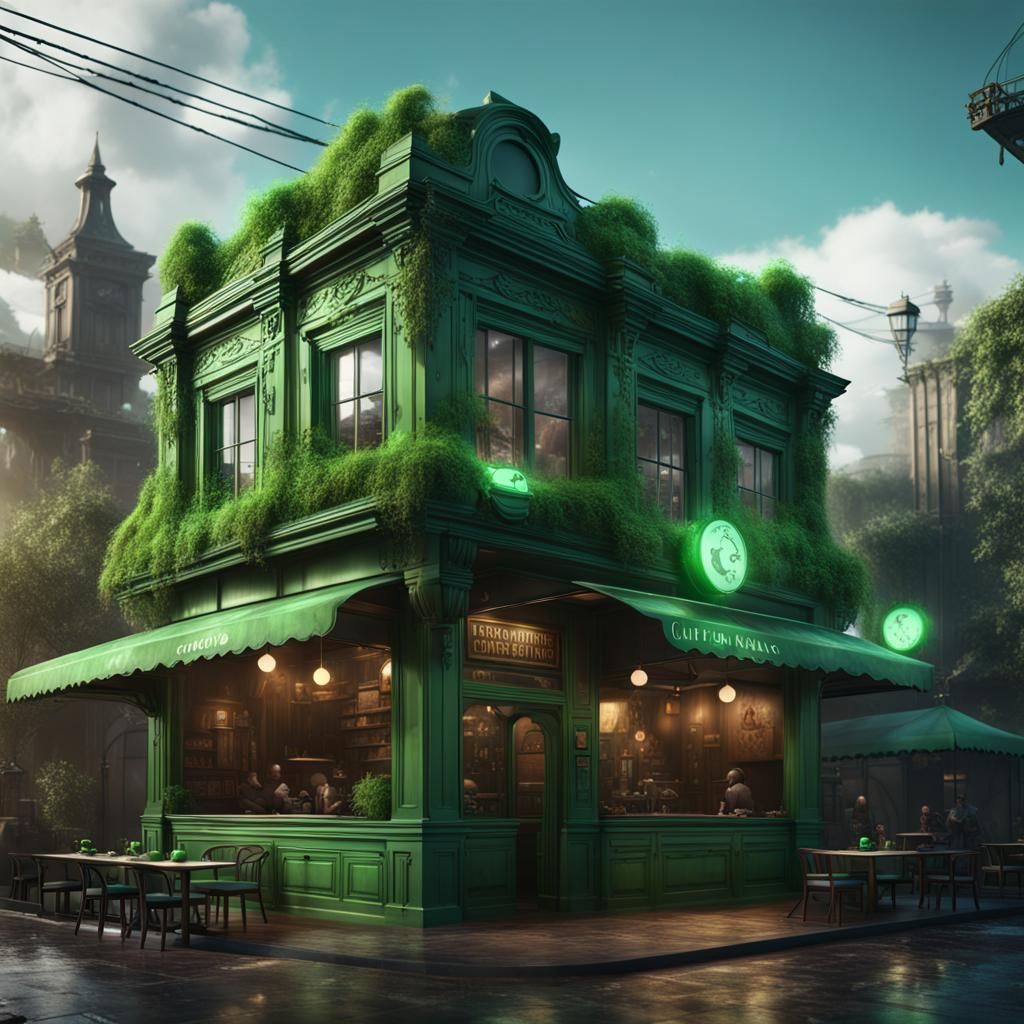 Fantastical Green Cafe with Black Clouds
