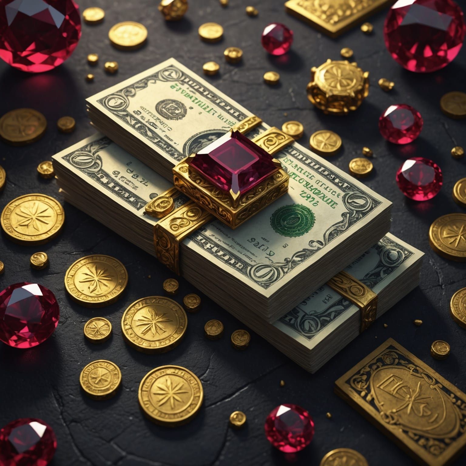 Banknotes Surrounded by Gold and Jewels