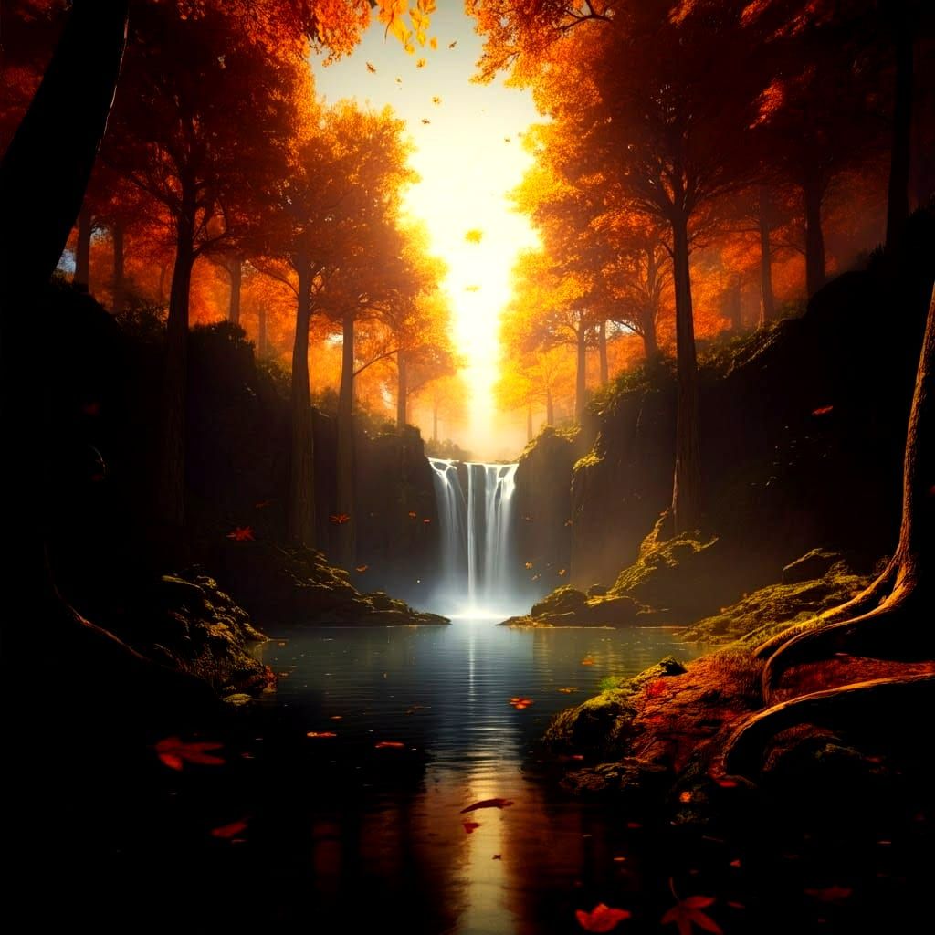 Photorealistic Autumn Woods and Lagoon at Golden Hour