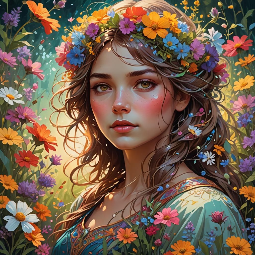 Maiden Surrounded by Wildflowers: Splash Art Portrait