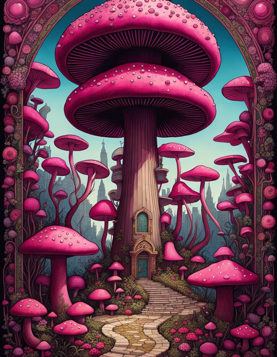 Magenta Mushroom Mosaic in Art Nouveau Style