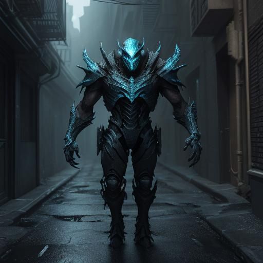 Menacing Alien in Dystopian Alleyway: Dark Fantasy Art