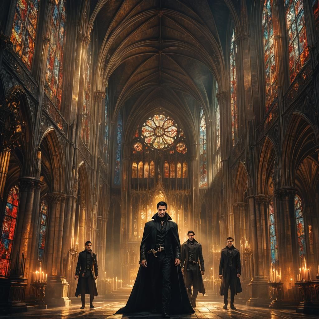 Gothic Cathedral Scene with Two Handsome Vampires