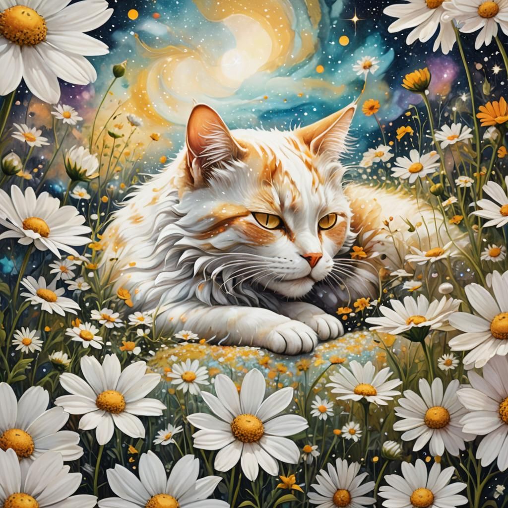 Cosmic Cat Napping on Astral Flower, Surreal Illustration