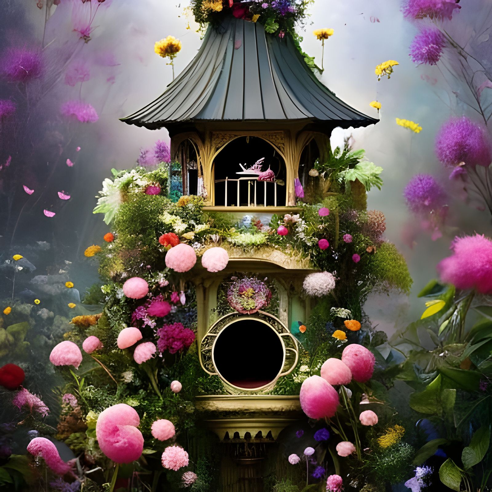 Magical Birdhouse Covered in Flowers: Fantasycore Art