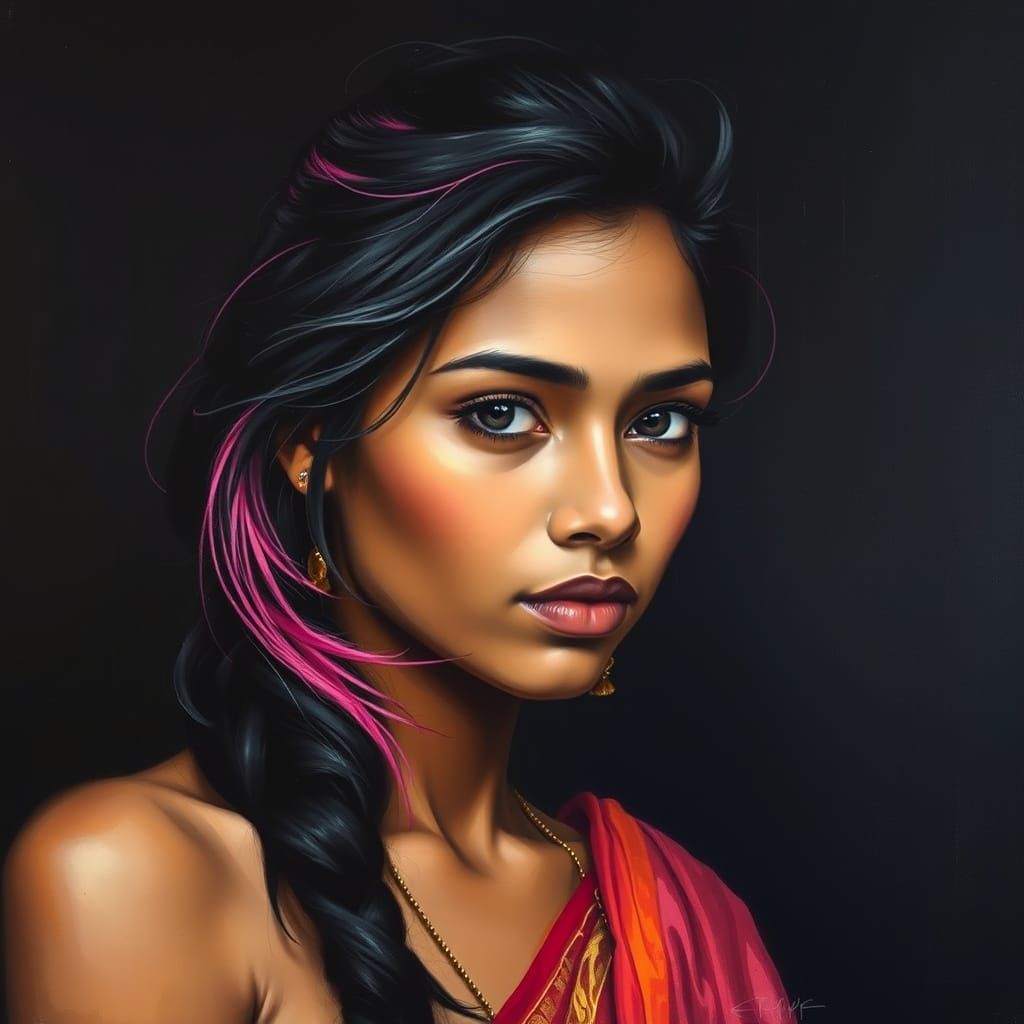 Sri Lankan Hindu Goddess with Vibrant Hair Streaks in Dark C...