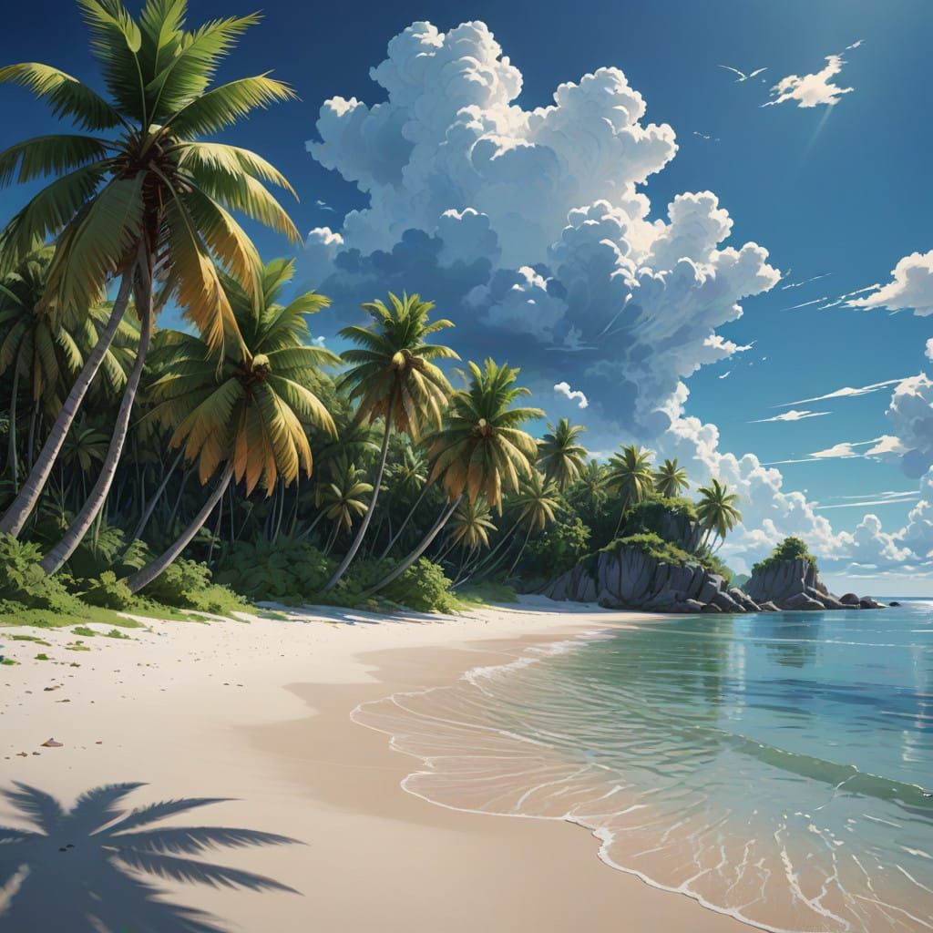 Serene Deserted Island Paradise in Vibrant Anime Style